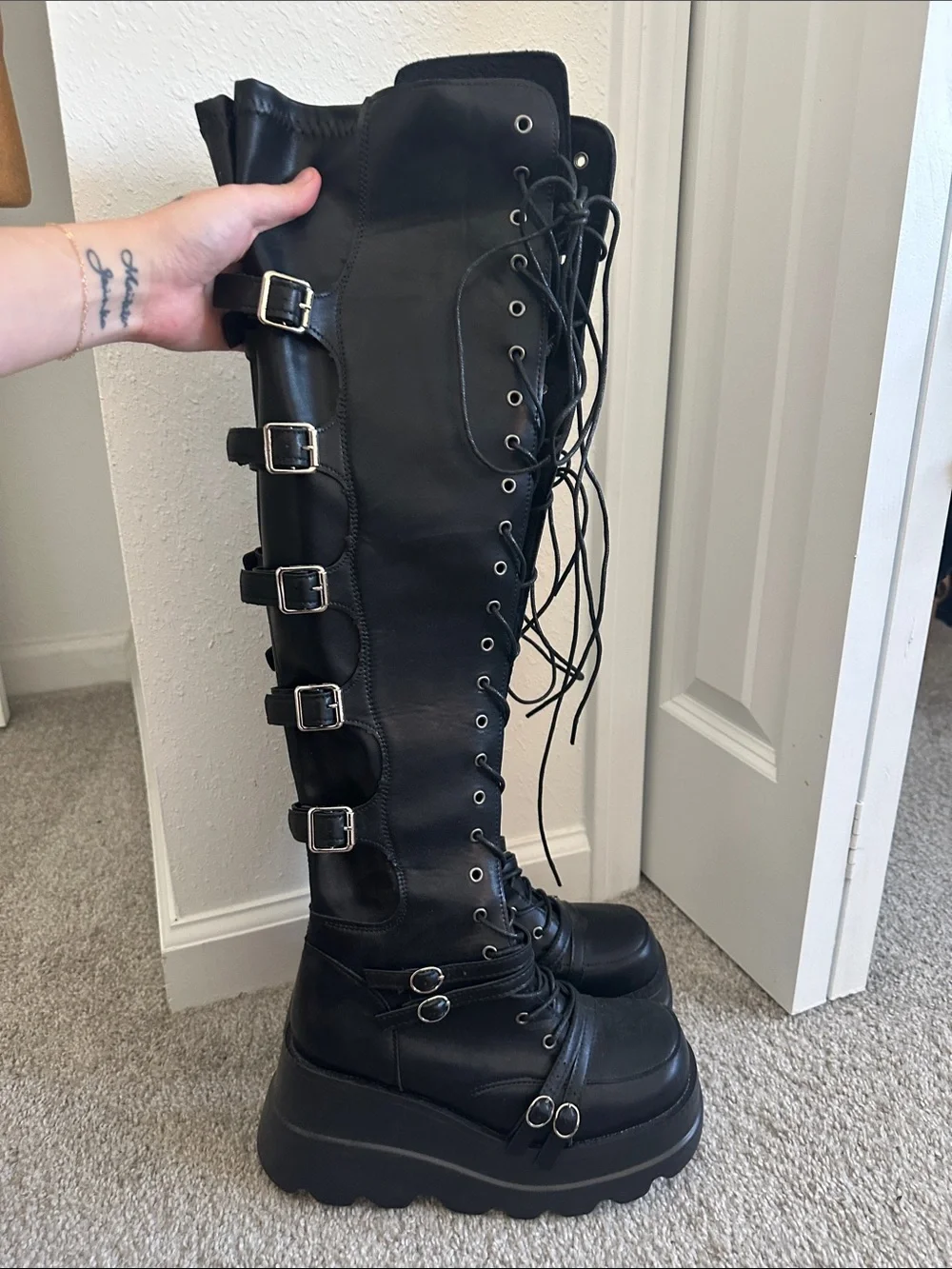 Black Over-the-Knee Lace-Up Platform Boots with Buckles